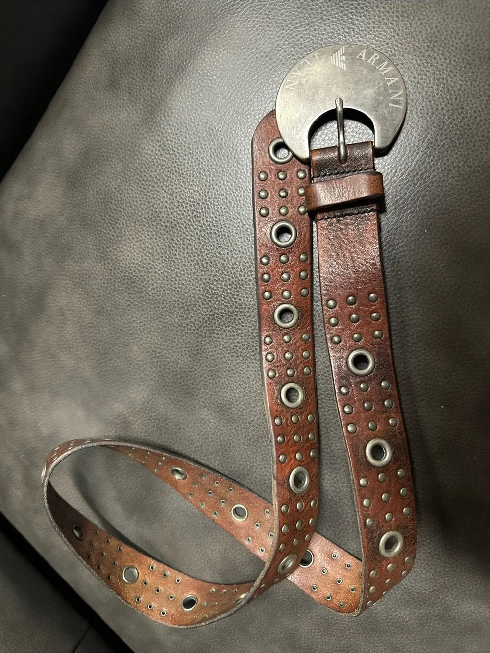 Armani Jeans Distressed Leather Belt with Large Silver Branded Buckle